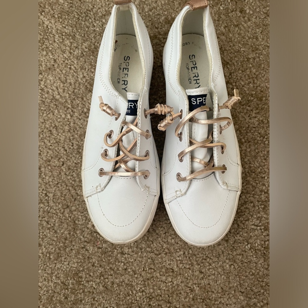 Sperry White Sneakers with Gold Laces
